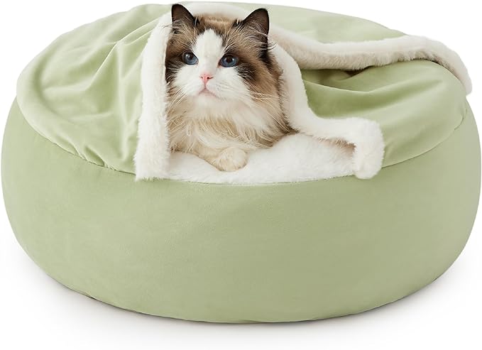 Lesure Cat Bed with Cover Cave - Covered Round Kitten Bed with Hooded Blanket, Machine Washable Burrow Pet Bed for Indoor Cats, Extra Small Cuddler Cozy Cave Puppy Bed with Anti-Slip Bottom, Green 20"