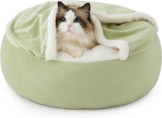 Lesure Cat Bed with Cover Cave - Covered Round Kitten Bed with Hooded Blanket, Machine Washable Burrow Pet Bed for Indoor Cats, Extra Small Cuddler Cozy Cave Puppy Bed with Anti-Slip Bottom, Green 20"
