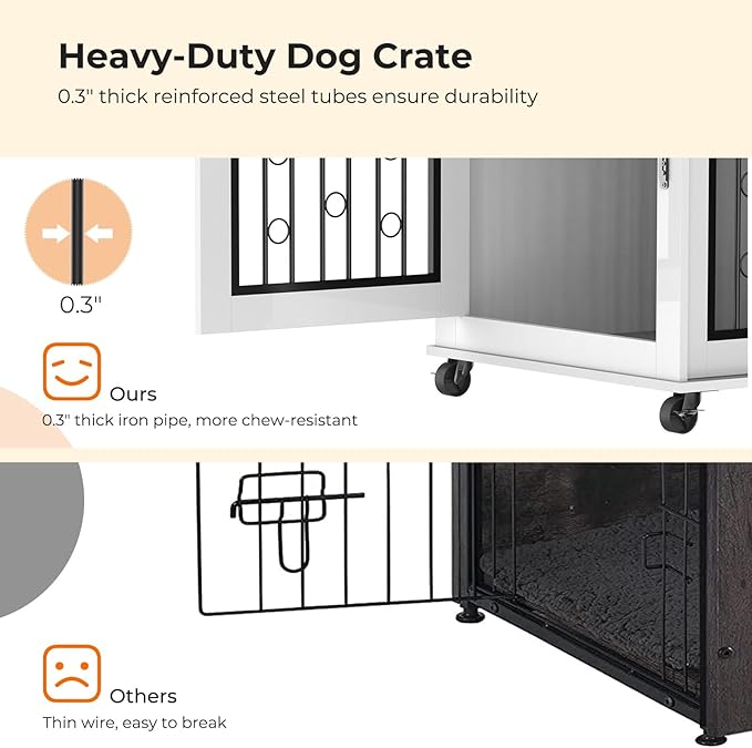 Furniture Style Dog Crate End Table with Sliding Barn Door, Indoor Dog Kennel Furniture with Removable Divider for 2 Small to Medium Pets, White, 43.7''W × 29.9''D × 31.2''H
