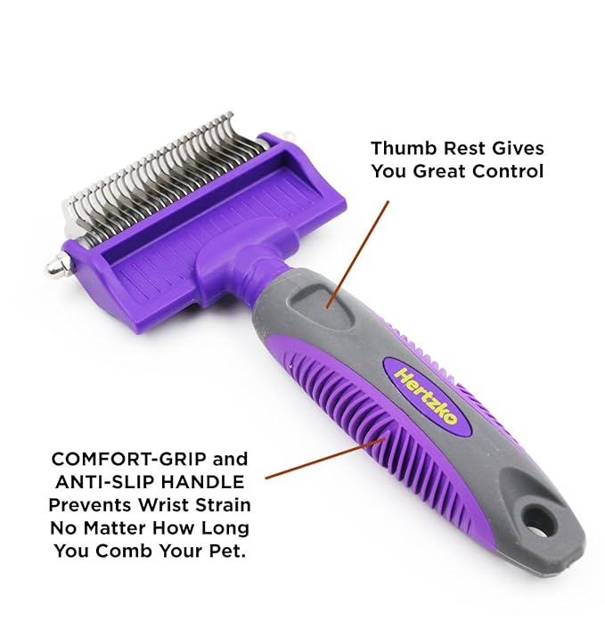 Hertzko Double-Sided Dog & Cat Dematting Comb: Pet Grooming Tool for Removing Loose Undercoat, Mats, and Tangled Hair - Doodle Dematting Comb, Self-Cleaning (Purple)