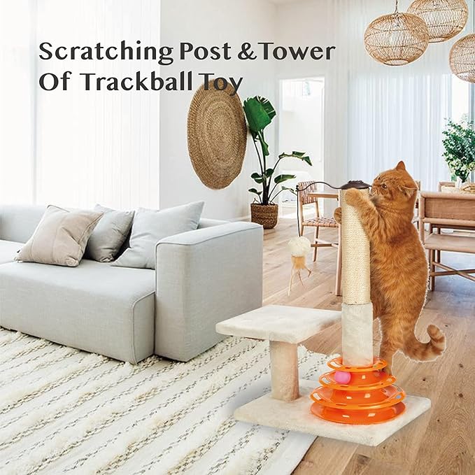 Tall Cat Scratching Post Kitten Sisal Scratcher Tree with Cat Tracks Toy balls for Indoor Cats and Kittens - 25 inches