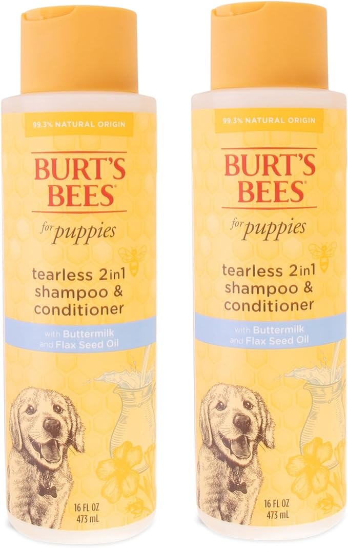 Burt's Bees for Pets Puppies Naturally Derived Tearless 2 in 1 Shampoo and Conditioner - Made with Buttermilk and Linseed Oil - Best Tearless Puppy Shampoo for Gentle Skin, 16 Oz - 2 Pack