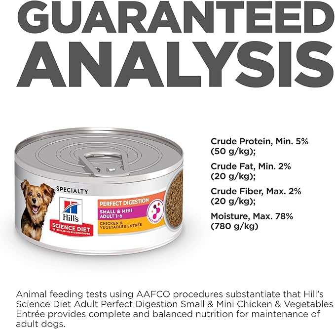 Hill's Science Diet Perfect Digestion, Adult 1-6, Small & Mini Breeds Digestive Support, Wet Dog Food, Chicken & Vegetables Loaf, 5.8 oz Can, Case of 24