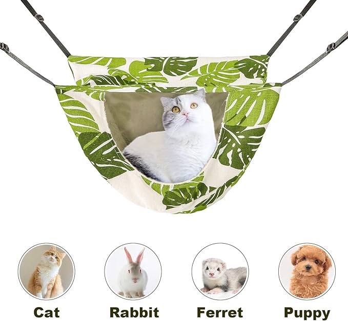 Cat Cage Hammock,Hanging Soft Pet Bed for Kitten Ferret Puppy Rabbit or Small Pet,Double Layer Hanging Bed for Pets,2 Level Indoor Bag for Spring/Summer/Winter (Green & White)