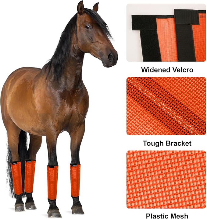 Horse Fly Boots, Adjustable Fly Boots for Horses Set of 4, Comfortable Horse Leggings, Breathable Plastic Mesh Material, Horse Supplies for Reduces Stress & Leg Fatigue (Orange)