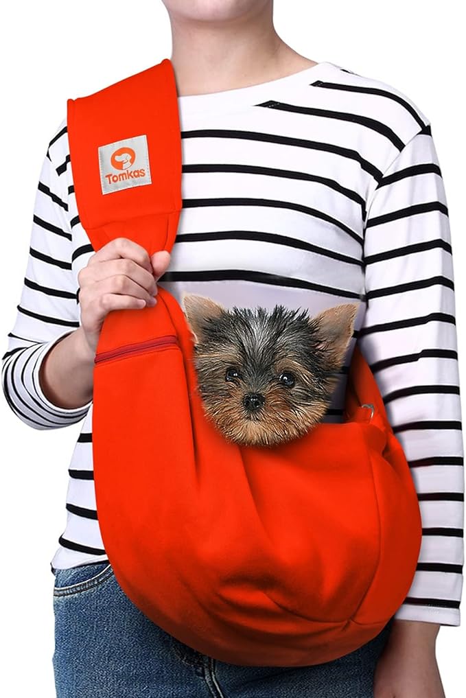 Tomkas Dog Carrier Sling with Adjustable Buckle Strap & Zip Pocket & Snap Closure for pet Puppy cat (M - Adjustable for 3-10 lbs, Red)