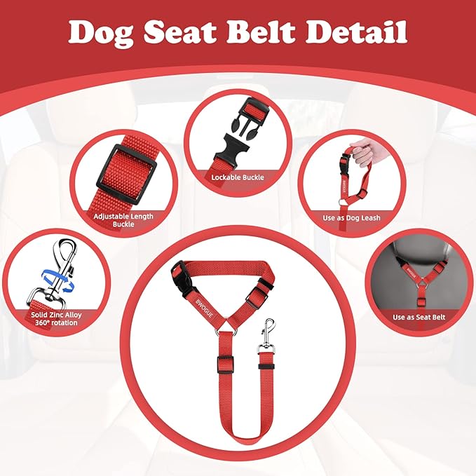 BWOGUE 2 Packs Dog Cat Safety Seat Belt Strap Car Headrest Restraint Adjustable Nylon Fabric Dog Restraints Vehicle Seatbelts Harness Red