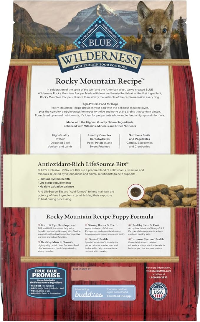 Blue Buffalo Wilderness Rocky Mountain Recipe High Protein, Natural Puppy Dry Dog Food, Red Meat 4-lb