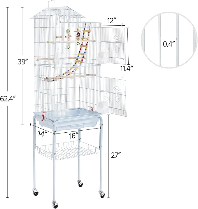 Yaheetech 62.4-inch Roof Top Flight Bird Cage for Parakeets Cockatiels Conures Finches Lovebirds Canaries Budgies Small Parrots, Large Birdcage with Detachable Rolling Stand, White