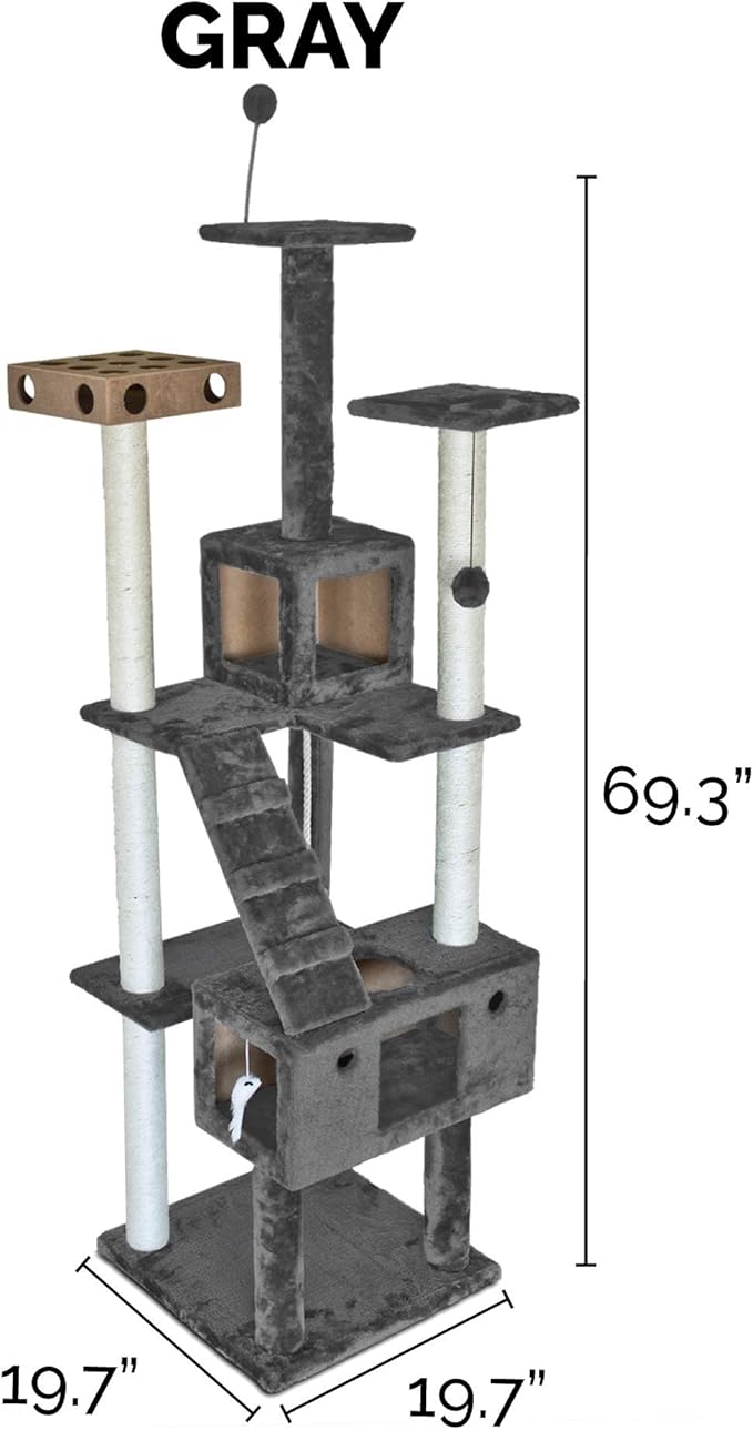 Furhaven 69.3" Tall Cat Tree for Indoor Cats, Ft. Sisal Scratching Posts, 2x Cat Condos, & Toys - Tiger Tough Double Decker Interactive Playground Tower - Silver Gray, One Size