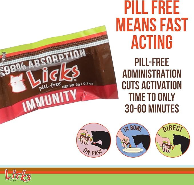 Licks Pill-Free Cat Immunity - Immune Support Cat Supplies - Respiratory Supplements for Cats - Cat Health Supplies - Gel Packets - 30 Use