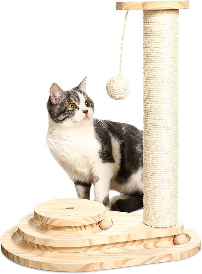 Made4Pets Cat Scratcher, Scratching Post for Indoor Cats with Stable Widen Base, 18.9" Tall Wood Ball Toy with 2-Level Track for Small Kittens, Natural Sisal Rope and Ball for Fun