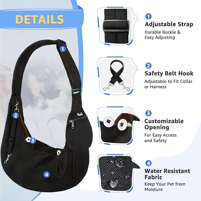 SlowTon Dog Carrier Sling - Thick Padded Adjustable Shoulder Strap Dog Carriers for Small Dogs, Puppy Carrier Purse for Pet Cat with Front Zipper Pocket Safety Belt Machine Washable (Black S)