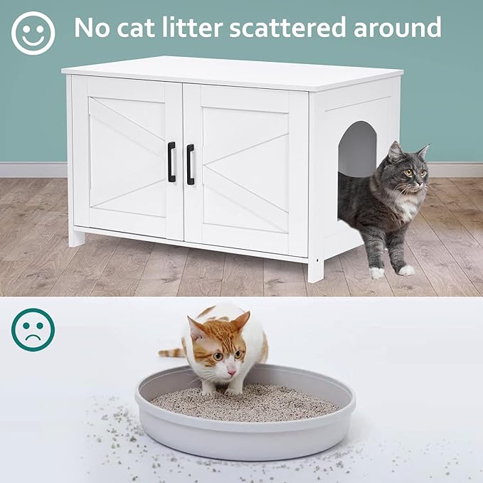 Cat Litter Box Enclosure,Litter Box Furniture Hidden with Barn Door,Wooden Cat Washroom Furniture,Cat House,Fit Most of Litter Box,White