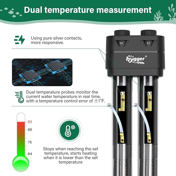 hygger Aquarium Heater,600W/800W Submersible Fish Tank Water Heater Double Quartz Explosion-Proof with Separate Temperature Measurement System for Freshwater Saltwater Tank (600W)