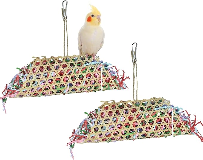 2 Pack Bird Chewing Foraging Toys Set, Parrots Treat Basket Feeder Parakeets Bamboo Shredder Hanging Cage Climbing Foot Toys for Cockatiels Conures Lovebirds Budgies