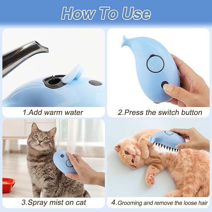 Cat Steam Brush, 3 in 1 Cat Steamy Brush, Silicone Massage Grooming Brush, Pet Hair Self Cleaning Brush Comb for Cats Dogs(Blue Whale)