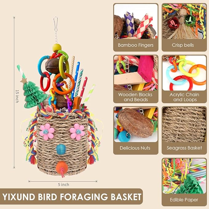 Bird Toys,Seagrass Foraging Basket Bird Toy with Colorful Crinkly Paper Wooden Blocks Paper and Bamboo Fingers Nuts DIY Honeycomb Tree for Small Parrot Birds