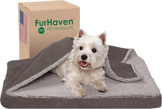 Furhaven Orthopedic Dog Bed for Medium/Small Dogs w/ Removable Washable Cover, For Dogs Up to 35 lbs - Berber & Suede Blanket Top Mattress - Gray, Medium