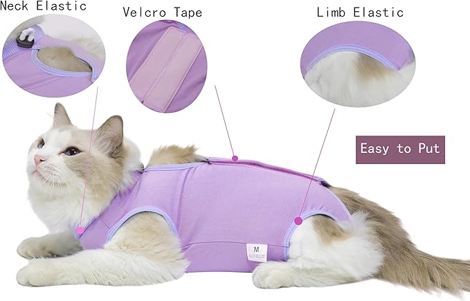 Cat Surgery Recovery Suit Female Kitten Cat Onesie for Cats After Surgery Spay Surgical Abdominal Wound Skin Diseases Cone Collar Soft Alternative Wear (Purple, M)