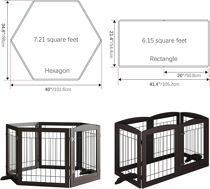 Folding Pet Gate 120" Wide, 24" Tall No-Assembly Wooden Dog Gate with Door Walk Through, Freestanding Wire Pet Gate, Pet Puppy Safety Fence, with 2PCS Support - Espresso