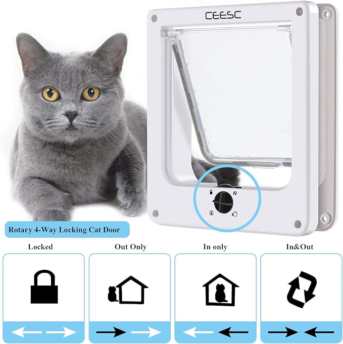 CEESC Cat Doors, Magnetic Pet Door with Rotary 4 Way Lock for Cats, Kitties and Kittens, Upgraded Version (Medium, White)