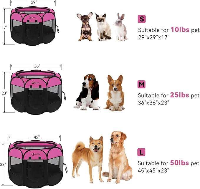 Dog Playpen, Puppy Pet Playpen Indoor for Large Dogs, Dog Tent Crates Cage Indoor/Outdoor, Portable Pop Up Dog Kennel Playpen with Carrying Case for Dogs/Cats/Rabbits, Removable Zipper Top, Hot Pink