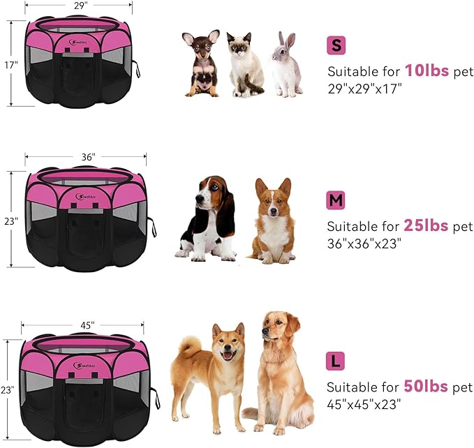 Dog Playpen, Puppy Pet Playpen Indoor for Small Dogs, Dog Tent Crates Cage Indoor/Outdoor, Portable Pop Up Dog Kennel Playpen with Carrying Case for Dogs/Cats/Rabbits, Removable Zipper Top, Hot Pink