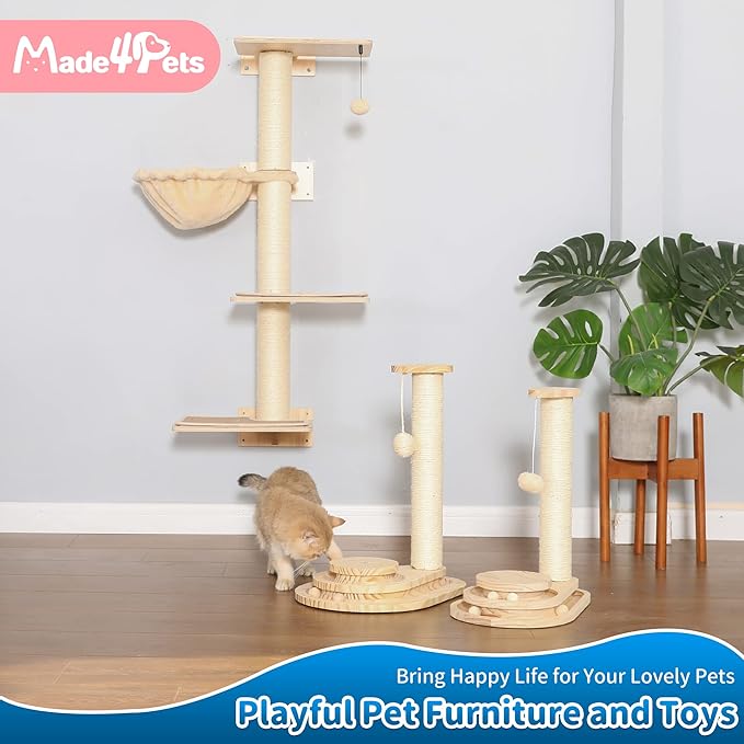 Made4Pets Cat Scratcher, Scratching Post for Indoor Cats with Stable Widen Base, 18.9" Tall Wood Ball Toy with 2-Level Track for Small Kittens, Natural Sisal Rope and Ball for Fun