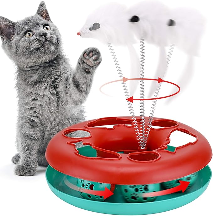 Cat Toys, Cat Toys for Indoor Cats,Interactive Kitten Toys Roller Tracks with Catnip Spring Pet Toy with Exercise Balls Teaser Mouse (red)