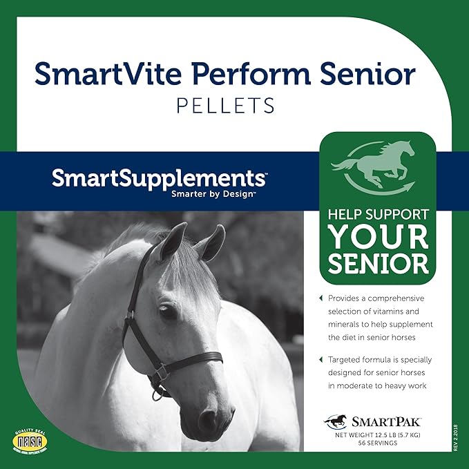 SmartPak SmartVite Perform Senior Pellets | Vitamin E, Magnesium Supplement for Senior Horses | Includes Vitamin C, B Complex, Manganese, Biotin and More | 12.5 lb Bucket