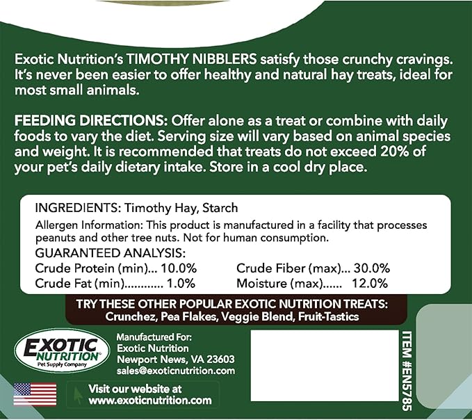Timothy Nibblers - 100% All Natural, High Fiber, Sun Cured Timothy Grass Treat - Rabbits, Guinea Pigs, Chinchillas, Degus, Prairie Dogs, Tortoises, Hamsters, Gerbils, Rats & Small Pets (2 Ounce)