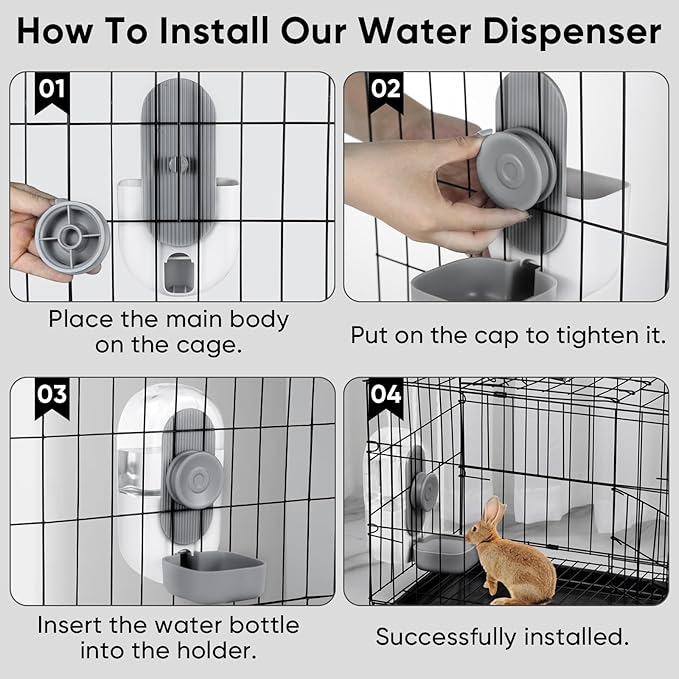 28oz Hanging Automatic Water Dispenser，Rabbit Water Bottle,Bunny Guinea Pig Ferret Water Bowl for Cage,Suitable for Small Animal Puppies(Cage Grid Spacing Over 1.2'')(Gray)