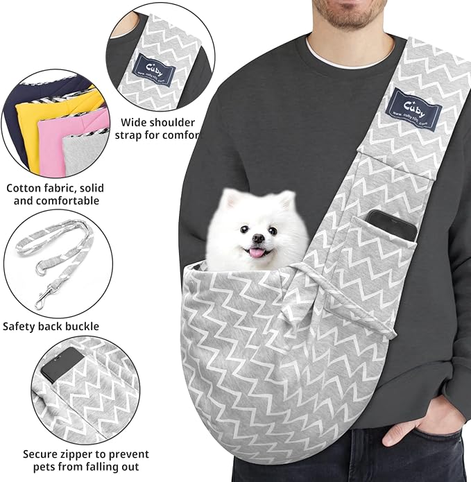 CUBY Dog and Cat Sling Carrier - Hands Free Reversible Pet Papoose Bag - Soft Pouch and Tote Design - Suitable for Puppy, Small Dogs Cats Outdoor (Stripe grey, Unadjustable strap)