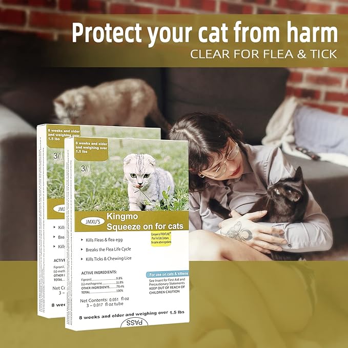 Flea and Tick Prevention for Cats, Cat Flea & Tick Treatment with Fipronil, Long-Lasting & Fast-Acting Topical Flea & Tick Control Drops for Kitten, 3 Doses