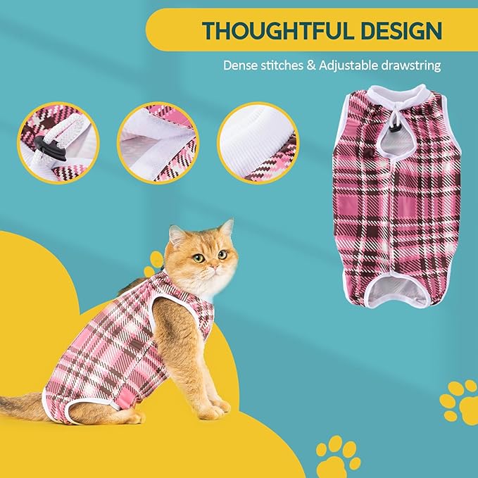 Avont 2 Pack Cat Recovery Suit - Kitten Onesie for Cats After Surgery, Surgical Spay Recovery Suit Female for Abdominal Wounds or Skin Diseases Protection -Black/Pink Plaid(M)