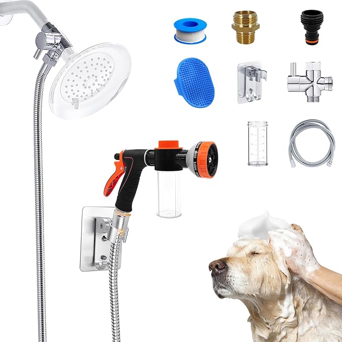 Dog Shower Attachment Water Hose Nozzle Sprayer Set with Metal 3-Way Shower Diverter & 6.6 Ft Long Hose for Bathroom Shower Arm Easy Indoor Outdoor Pet Pup Dog Washer Hose attachment