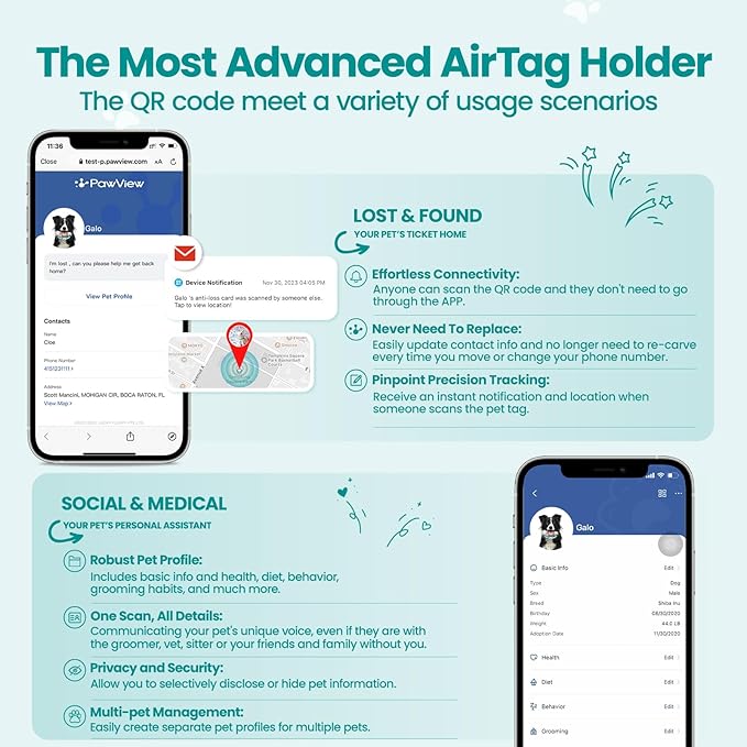 AirTag Dog Collar Holder, Smart QR Code AirTag Holder for Cats and Dogs - Scan Alert | Instant Location | Pet Online Profile | Contacts Info | Pet APP Remote Control(1Pack,Robin's Egg Blue)