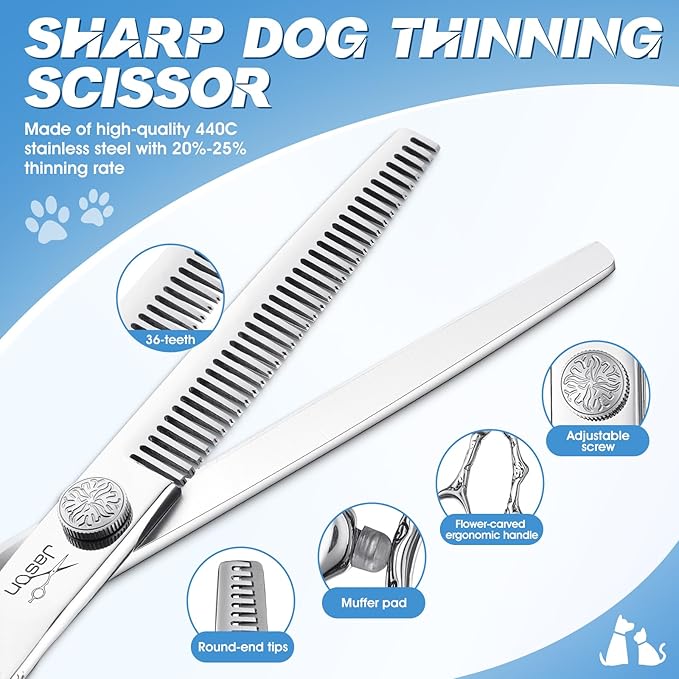 JASON Dog Grooming Scissors Kit, Professional 6 in 1 Dog Scissors Set - 6.5" Thinning, 7" Straight, 7" Up-Curved, 7" Down-curved Shears and Comb for Dog Cat Pet (Silver)