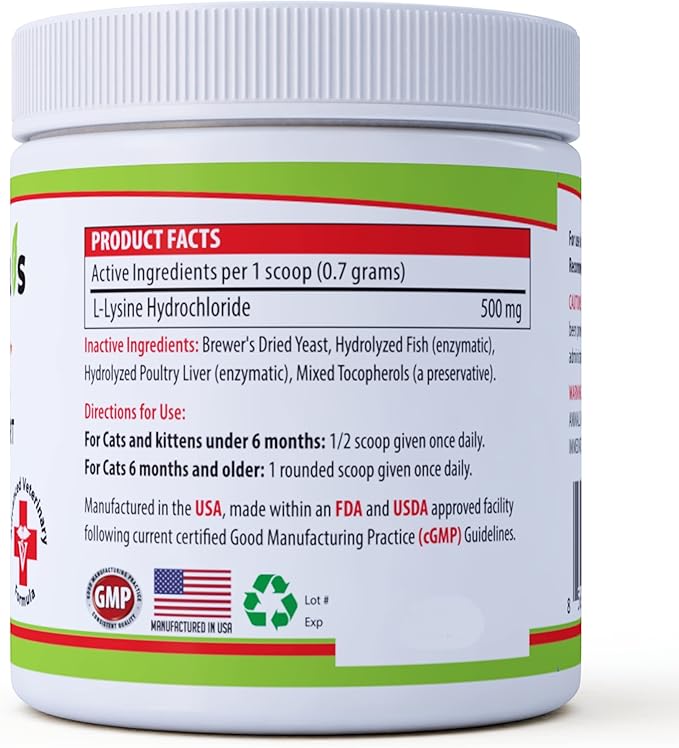 Trulysine L-Lysine for Cats Immune Support Oral Powder 4oz/100g - Cats & Kittens of All Age, Sneezing, Runny Nose Squinting, Watery Eyes - Fish & Poultry Flavor (U.S.A)(100 Grams ( 500mg / Scoop))