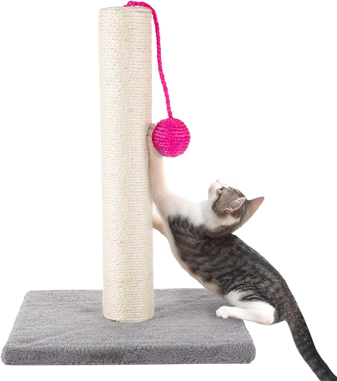 17-Inch Cat Scratching Post - Sisal Rope and Carpet Scratching Pole with Bright Pink Hanging Ball Toy for Adult Cats and Kittens by PETMAKER (Gray)