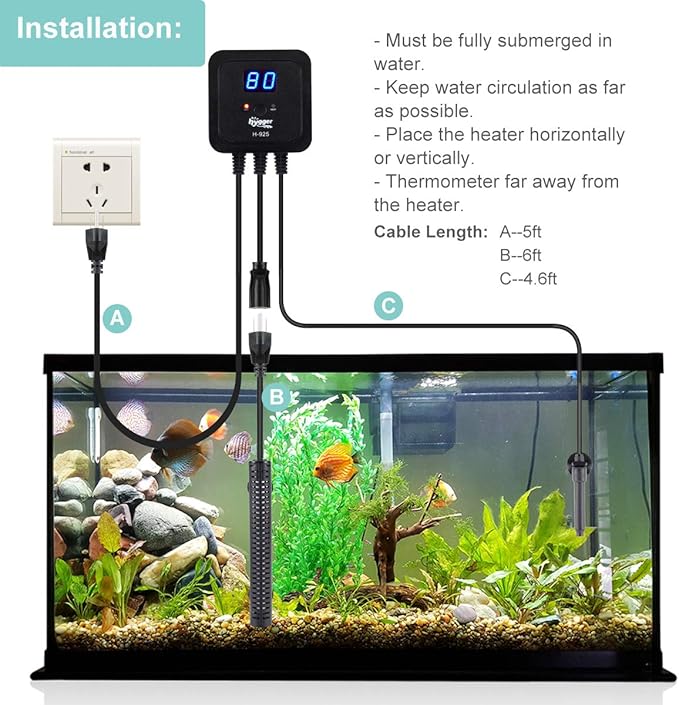 hygger 300W Aquarium Heater for Fresh-Water Salt-Water, with External Digital Display Thermostat Controller and Thermometer, Auto Quartz Submersible Heater for Fish Tank 30-60 Gallon