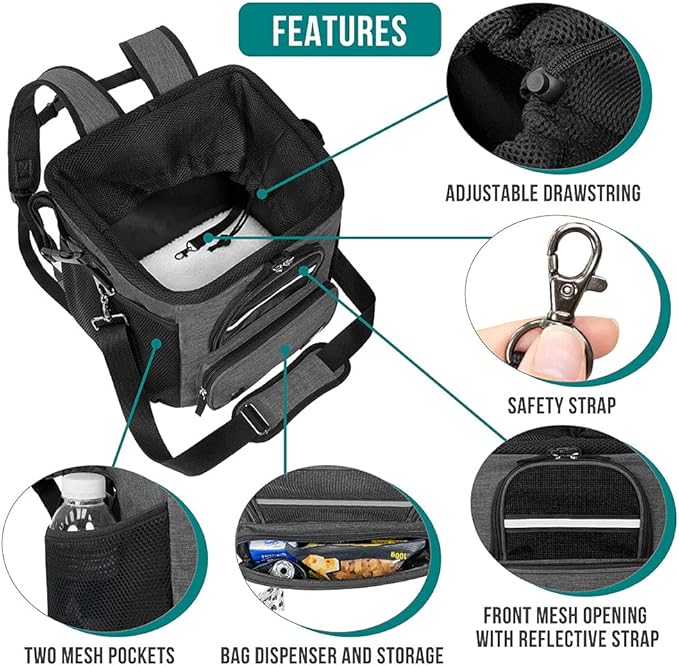 PetAmi Dog Bike Basket, Soft-sided Ventilated Dog Bike Carrier Backpack, Dog Pet Bicycle Basket for Bike Handlebar, Small Medium Puppy Cat Kitten Car Booster Seat with Safety Strap (Dark Gray)