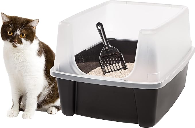 IRIS USA Large Cat Litter Box with Scatter Shield and Scoop, Open Top High Sided Cat Litter Pan, Black