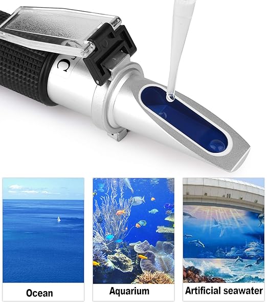 Water Salinity Refractometer, Dual Scales Hydrometer: Specific Gravity 1.000-1.070 & PPT 0-100 (1‰ = 1ppt = 1000 ppm), Handheld Seawater Tester for Aquarium, Marine Fish-Keeping, Pool Tank