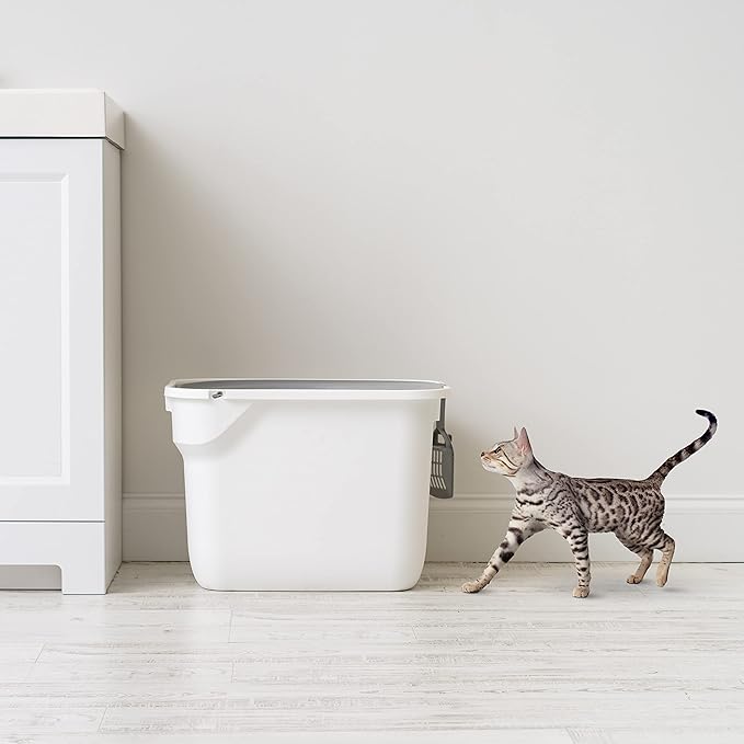 IRIS USA Rectangular Top Entry Cat Litter Box with Scoop, Large Cat Litter Box Enclosure, Kitty Litter Box, White/Gray