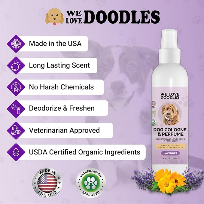 We Love Doodles Dog Cologne & Perfume, Deodorizing, USDA Organic Ingredients, Made In USA, Long Lasting After Bath, Deodorant For Smelly Dogs, Pawfume For Pets, Odor Eliminator Spray, Lavender, 8 OZ