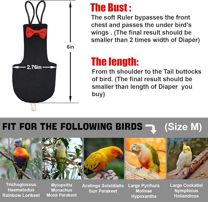 Bird Diaper Washable Parrot Diapers Reusable Bird Flight Suit Nappies Protective Breathable Parrot Nappy Clothes for Parakeet Parrot Macaw Budgie Canary Budgie Cockatiel(Black, Medium)