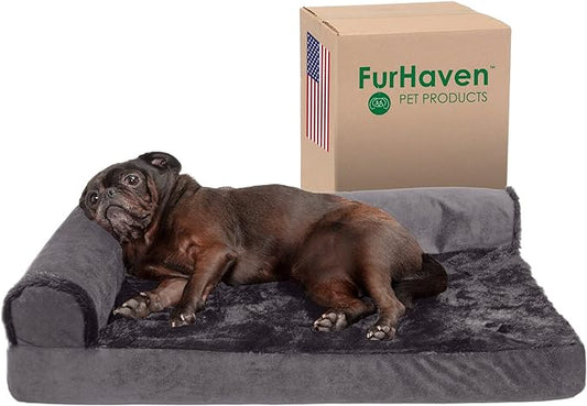 Furhaven Cooling Gel Dog Bed for Medium/Small Dogs w/ Removable Bolsters & Washable Cover, For Dogs Up to 35 lbs - Plush & Velvet L Shaped Chaise - Platinum Gray, Medium