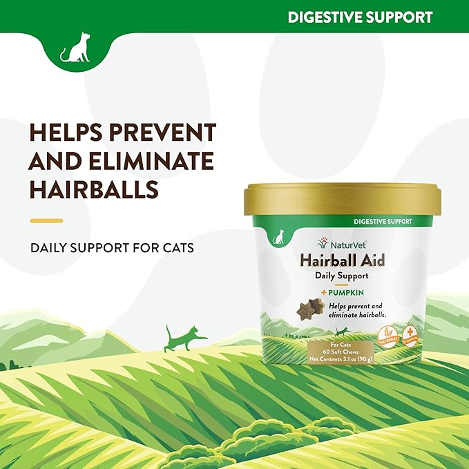 NaturVet – Hairball Aid Supplement for Cats - Plus Pumpkin – Helps Eliminate & Prevent Hairballs – 60 Soft Chews